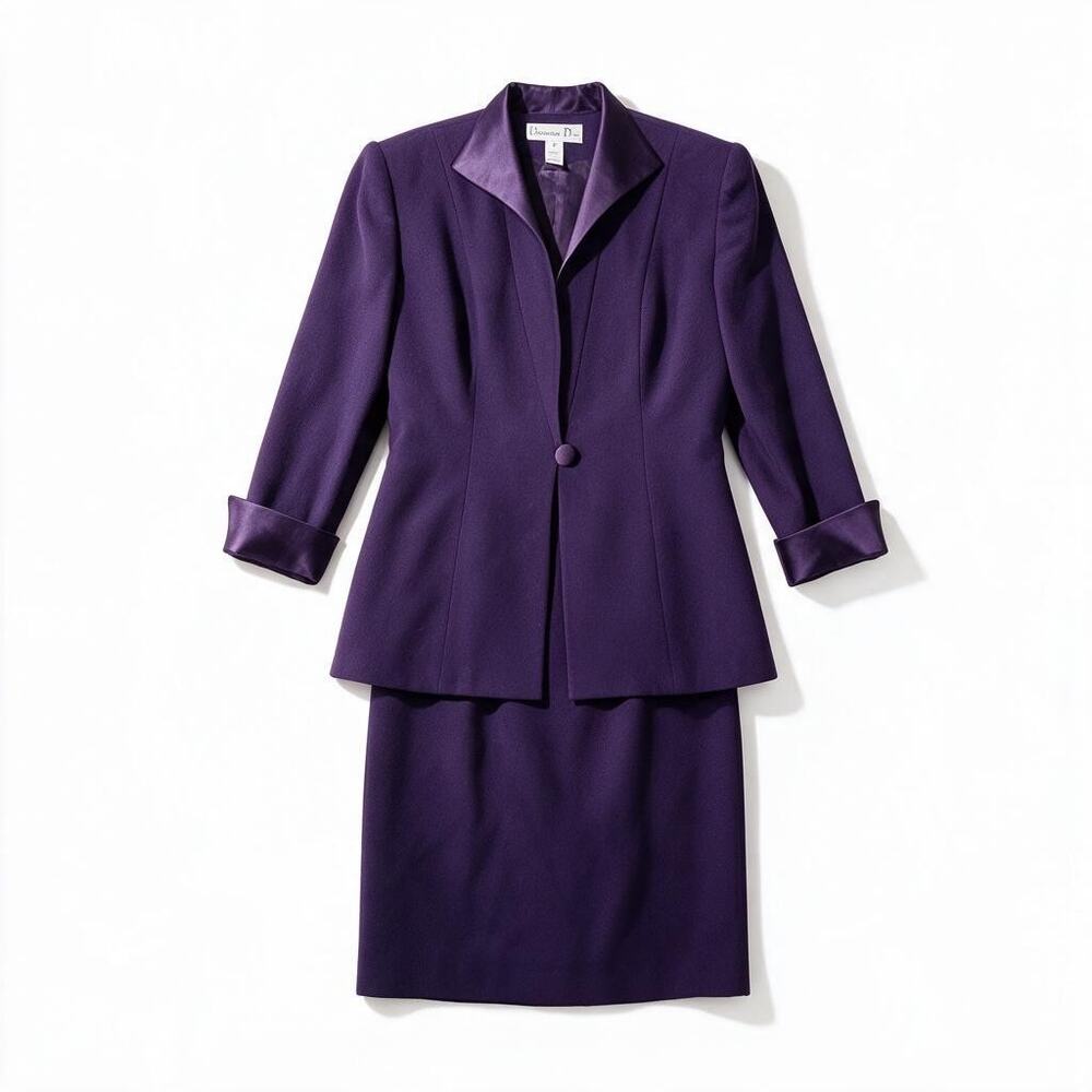 Vintage 80s Christian Dior 4 Dark Purple Wool Skirt Suit Classic Career Glam
